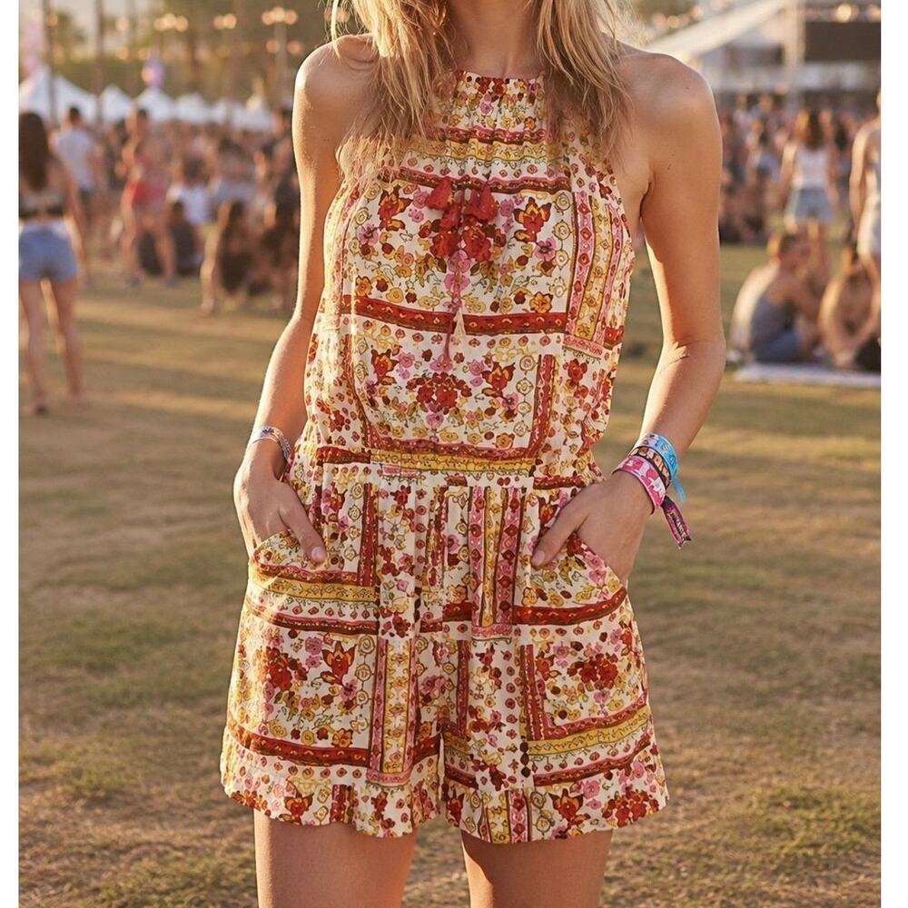 H&M Coachella Floral Boho Romper Women US 2 Festival Sleeveless Viscose Shorts